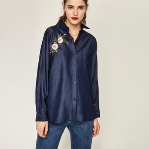 Zara Embroided Oversized Denim Shirt